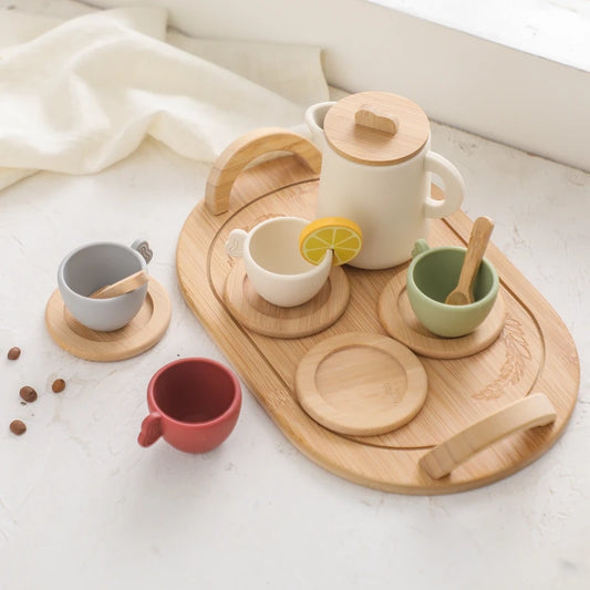 Baby Wooden Toys Playing House Afternoon Tea Set Silicone Cup Wooden Cup Plate Tray Model Puzzle Toys For Baby Montessori Toy