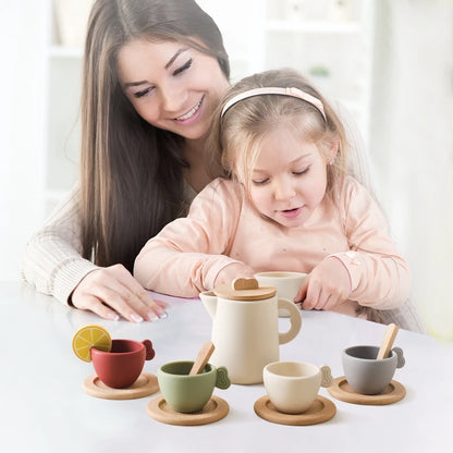 Baby Wooden Toys Playing House Afternoon Tea Set Silicone Cup Wooden Cup Plate Tray Model Puzzle Toys For Baby Montessori Toy